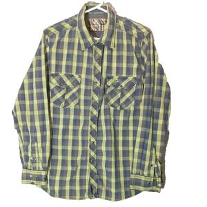 Realtree Mens Large Plaid Snap Button Down Shirt Green Navy Blue Long Sleeve L